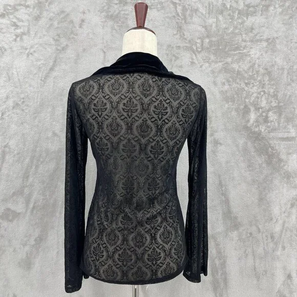 Vintage 90s Sheer Velvet Burnout Bell Sleeve V-Neck Top Hippie Goth - Picture 6 of 10